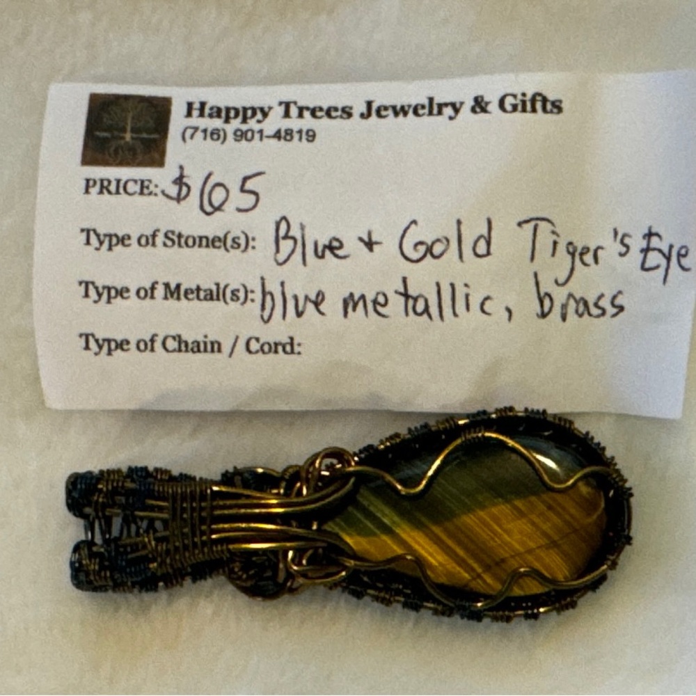 Blue & Gold Tiger Eye pendant blue metallic & antique brass wire
